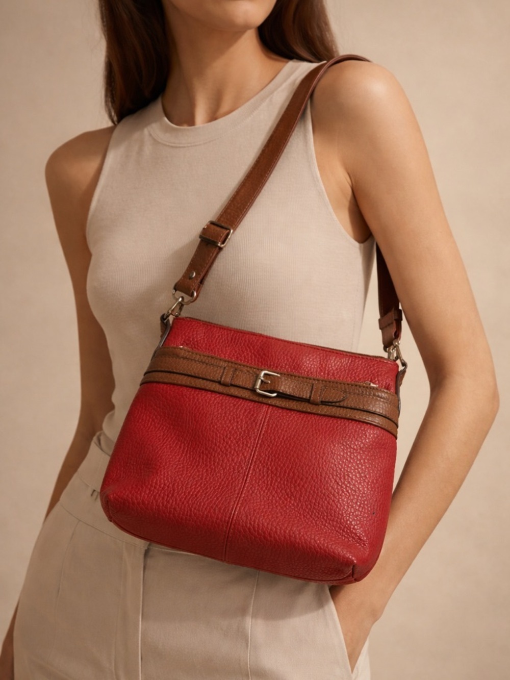 STYLE & CO Red Crossbody Bag Belt Detail Faux Leather Chic Everyday